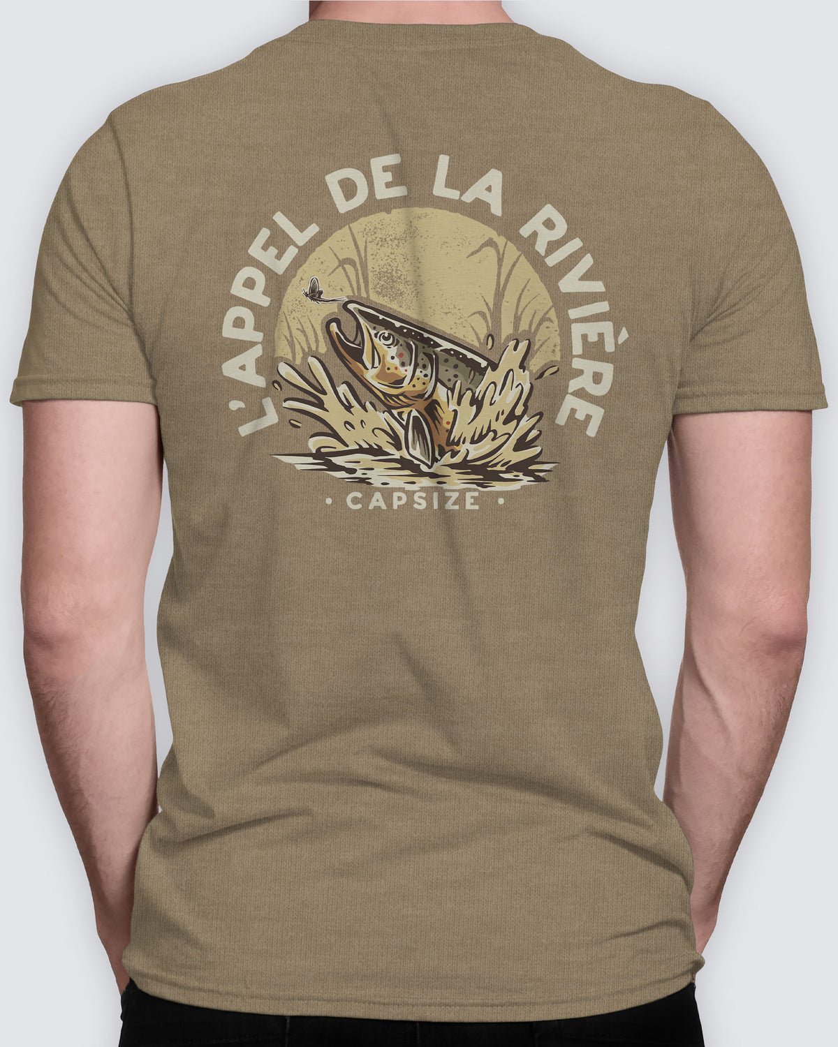 &quot;The River’s Call&quot; t-shirt featuring a trout catching a fly – elegant design for fly fishing enthusiasts.