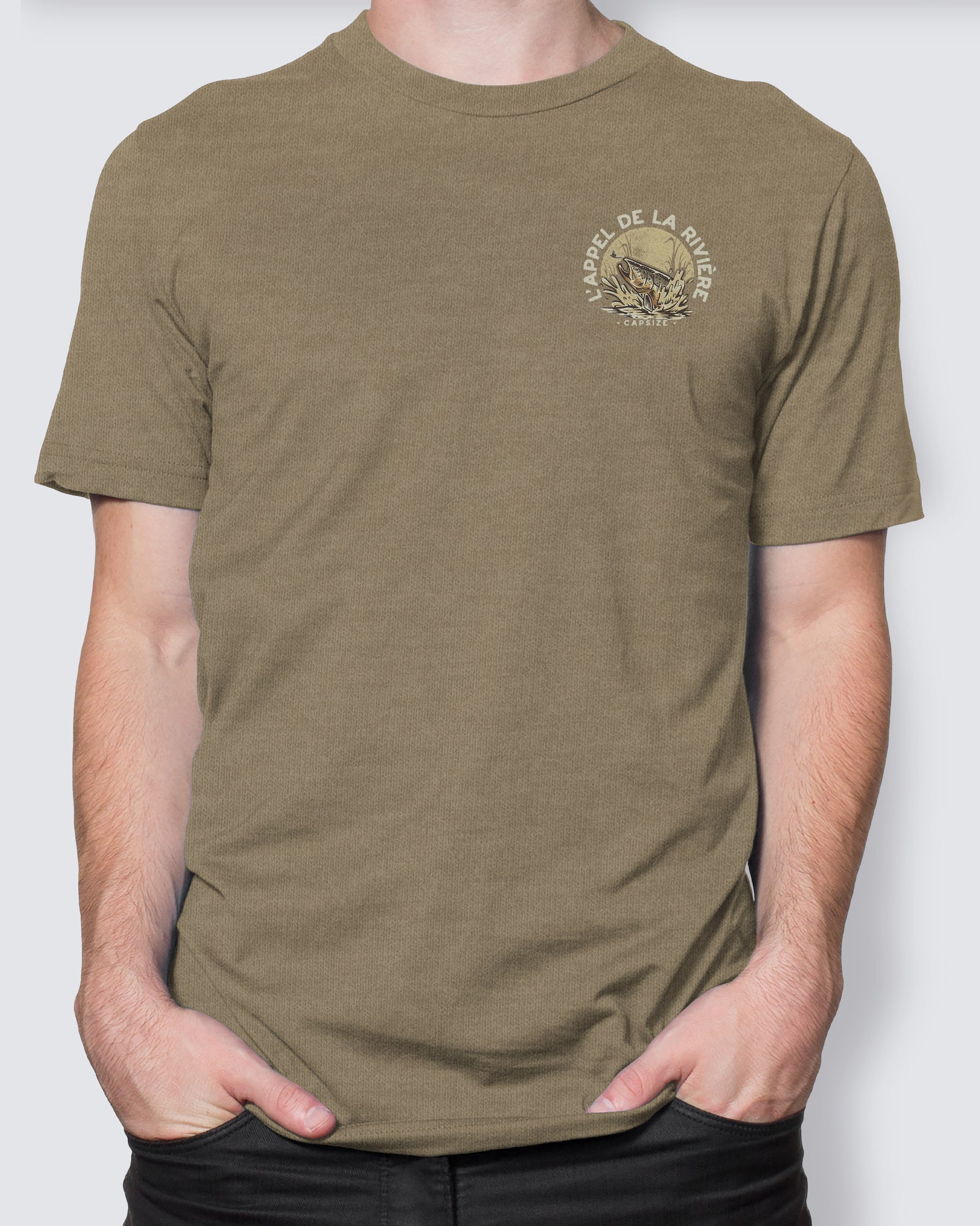 "The River’s Call" t-shirt featuring a trout catching a fly – elegant design for fly fishing enthusiasts.