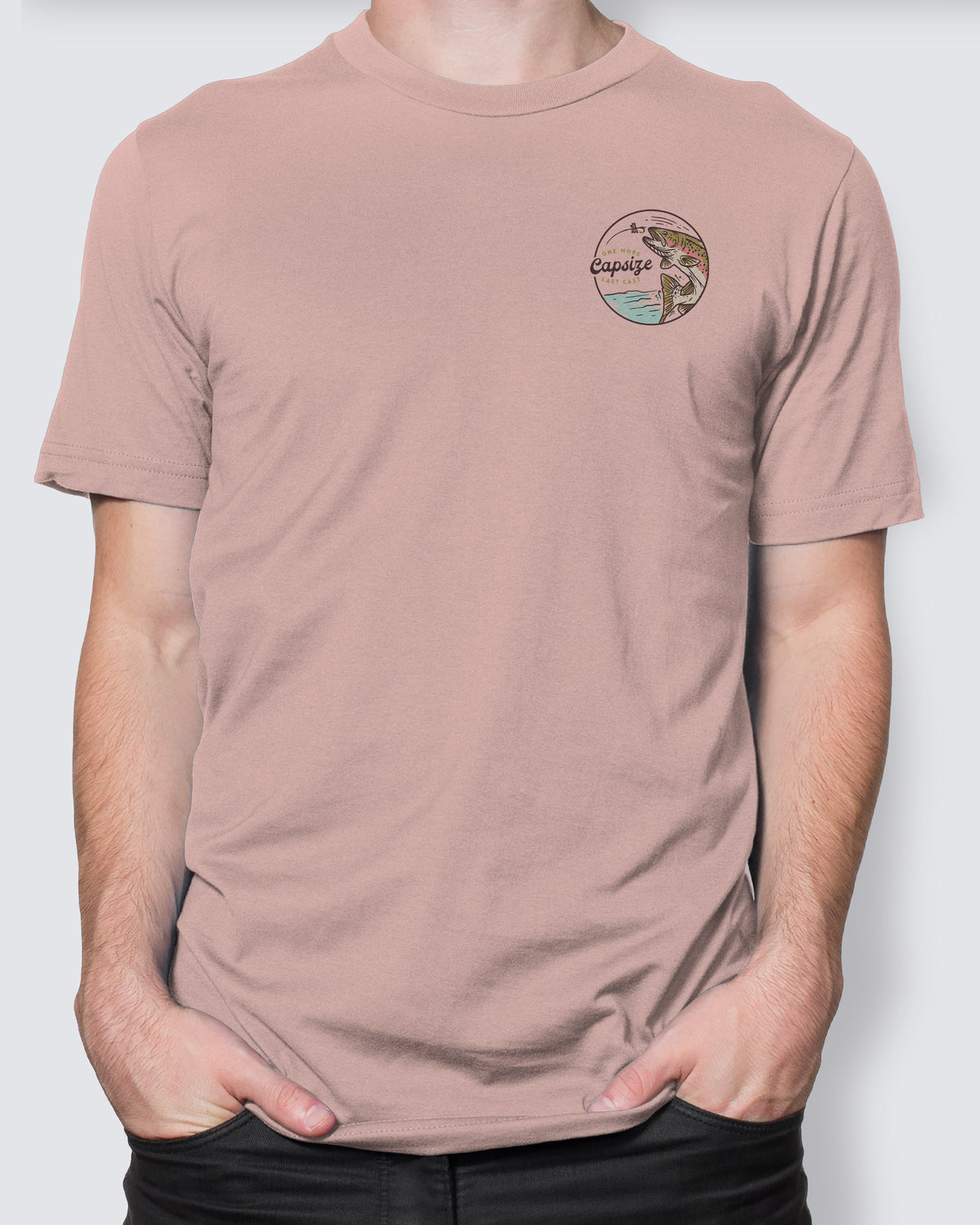 Dusty rose "Rainbow Trout" t-shirt with trout illustration – elegant design for fishing enthusiasts.